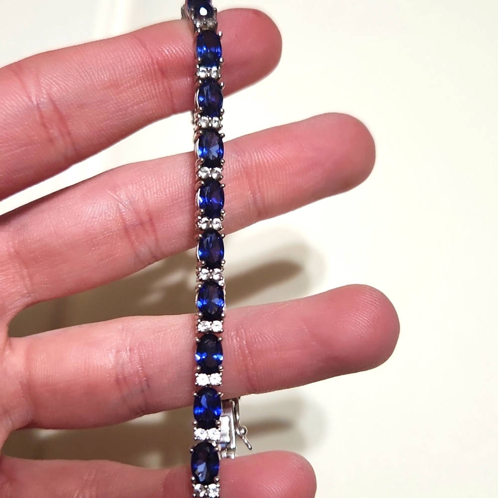 Kays, lab created saphire and silver bracelet